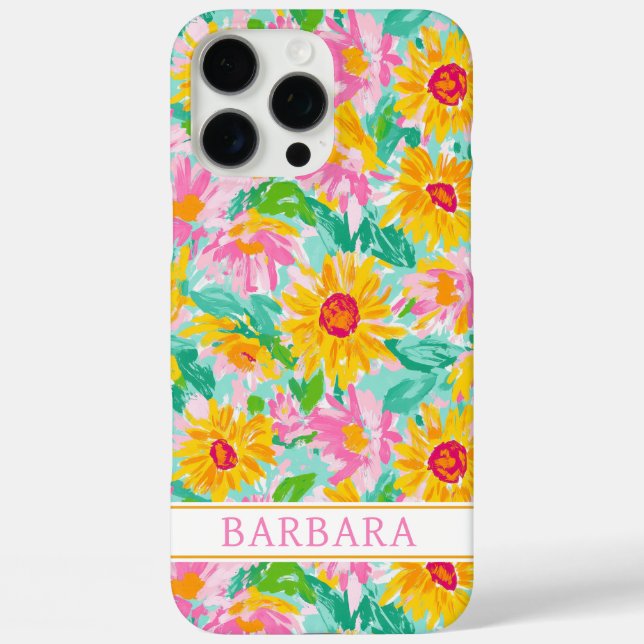Funda iPhone 16 Pro Max Pintura de girasoles modernos monogramada (Reverso )