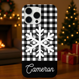 Funda iPhone 16 Pro Max Plaid Negro y Blanco con Copo de Nieve y Nombre Pe
