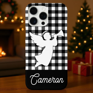 Funda iPhone 16 Pro Max Plaid Negro y Blanco con Nombre Personalizado de Á