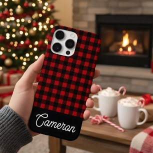 Funda iPhone 16 Pro Max Plaid Rojo y Negro de Búfalo con Nombre Personaliz