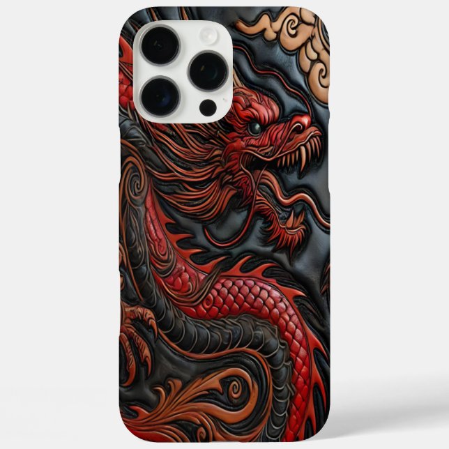 Funda iPhone 16 Pro Max Poderoso Arte de Talla de Dragón Rojo (Reverso )