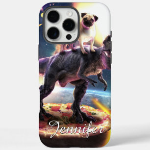Funda iPhone 16 Pro Max Pug montando dinosaurio unicornio en el espacio