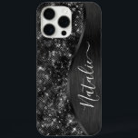 Funda iPhone 16 Pro Max Purpurina negro metálico personalizado<br><div class="desc">Personalice fácilmente este estuche de teléfono con motivos de purpurina metalizado y glamoroso de color negro con su propio nombre personalizado.</div>