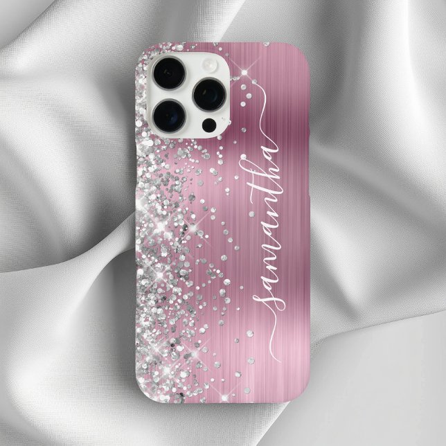 Funda iPhone 16 Pro Max Purpurina plateado Luz Metálica Rosa Firma Girator (Silver Glitter Light Pink Metallic Girly Signature Case-Mate iPhone Case)