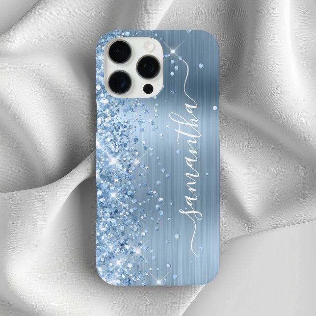 Funda iPhone 16 Pro Max Purpurinoso azul claro Glam Girly Signature (Light Blue Glittery Glam Girly Signature Case-Mate iPhone Case)