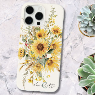 Funda iPhone 16 Pro Max Ramo de girasoles de acuarela con monograma elegan