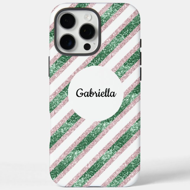 Funda iPhone 16 Pro Max Rayas de Purpurina verde rosado Rubor (Reverso)