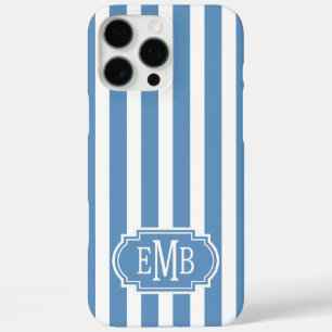 Funda iPhone 16 Pro Max Rayas Monogramadas Azules y Blancas