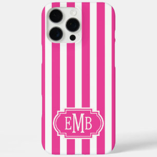Funda iPhone 16 Pro Max Rayas Monogramadas de Rosa Fuerte y Blanco