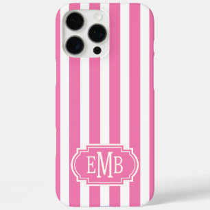 Funda iPhone 16 Pro Max Rayas Monogramadas Rosadas y Blancas