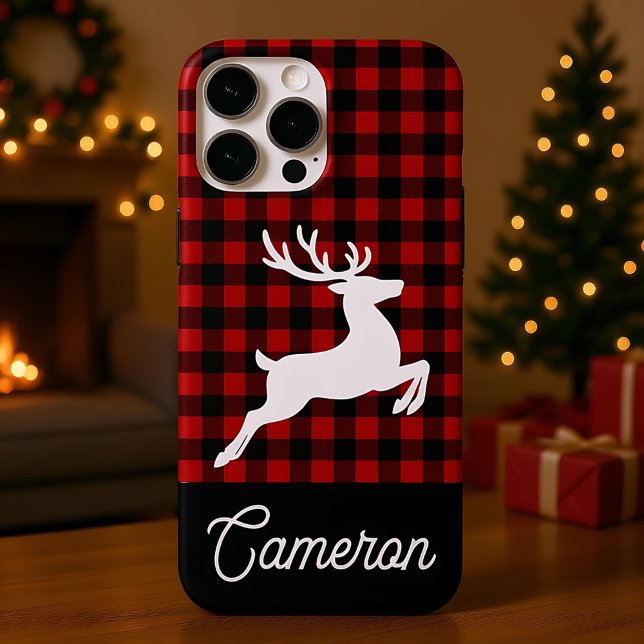Funda iPhone 16 Pro Max Red & Black Plaid with Reindeer Custom Name (Subido por el creador)