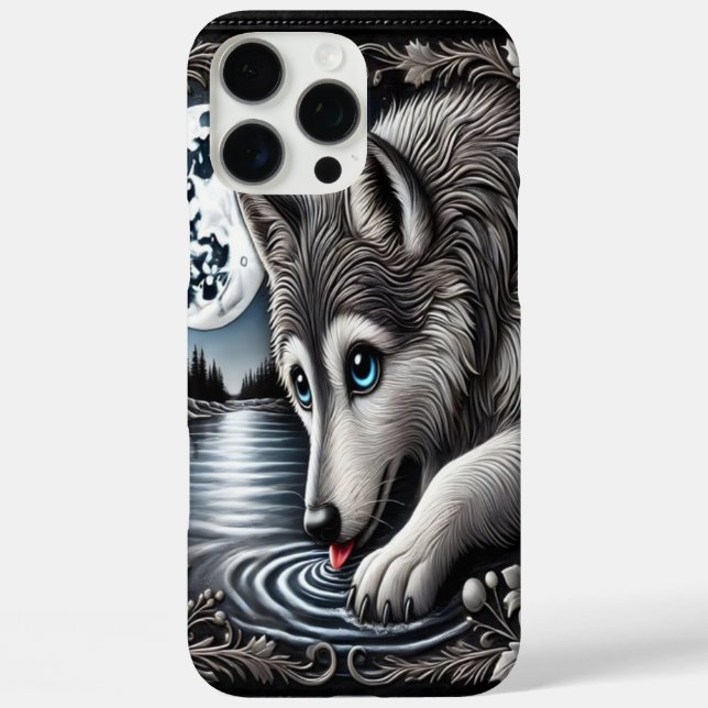 Funda iPhone 16 Pro Max Reflexión Tranquila del Lobo Blanco (Reverso )