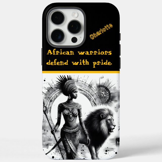 Funda iPhone 16 Pro Max Reina guerrera y su león fiero avanzan (Reverso)