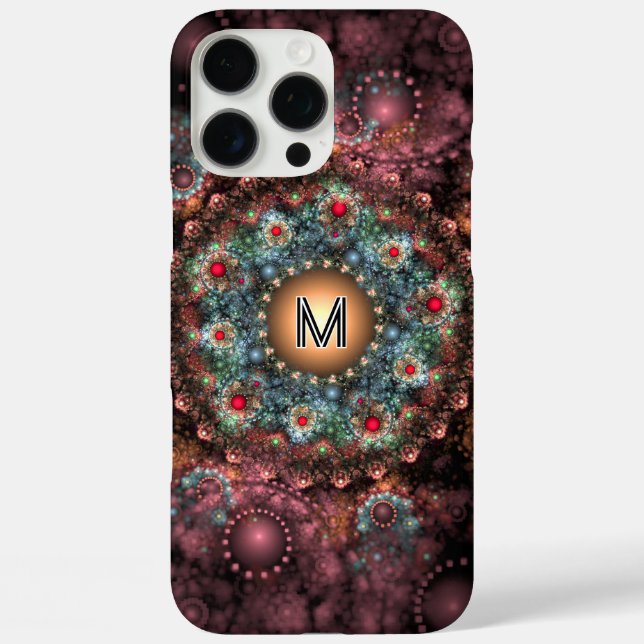 Funda iPhone 16 Pro Max Resumen de arte fractal con monograma (Reverso )