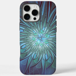 Funda iPhone 16 Pro Max Resumen moderno Arte fractal de flor azul de moda
