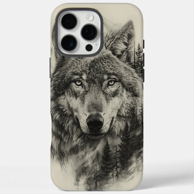 Funda iPhone 16 Pro Max Retrato de lobo en un bosque tranquilo (Reverso)