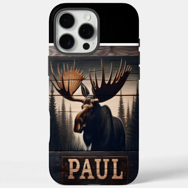 Funda iPhone 16 Pro Max Retrato De Moose En Madera (Reverso)
