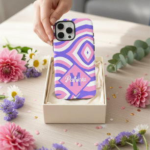 Funda iPhone 16 Pro Max Rétro Groovy Rosa Púrpura Psicodélico Monograma de