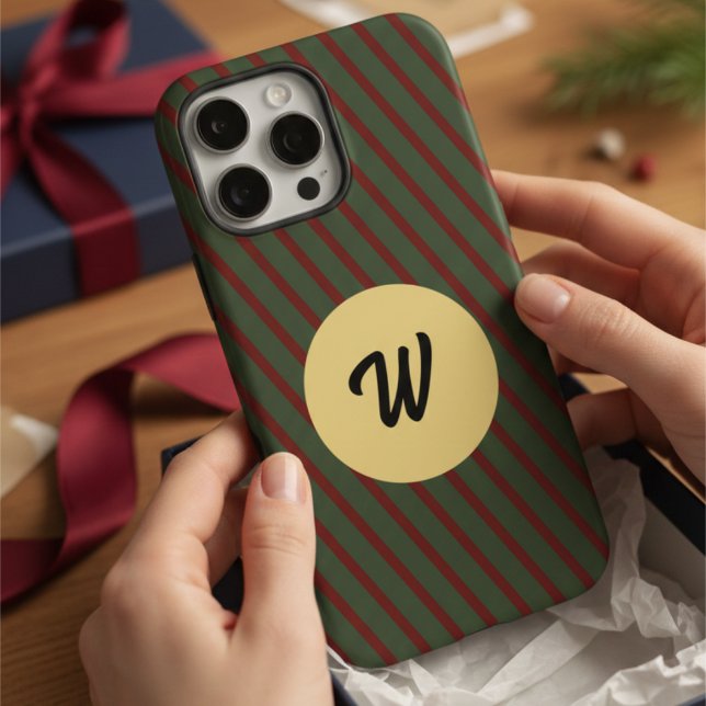 Funda iPhone 16 Pro Max Retro Red & Green Stripes Gold Circle Monogrammed (Subido por el creador)