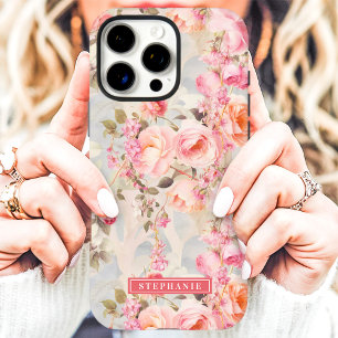 Funda iPhone 16 Pro Max Romántico nombre floral en melocotón y rosa