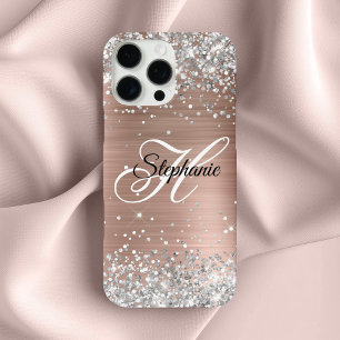 Funda iPhone 16 Pro Max Rosa Dorado Purpurina Monograma Elegante Plata