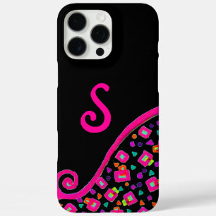 FUNDA iPhone 16 PRO MAX ROSA FUCHSIA BLACK ABSTRACT DECO MONOGRAM