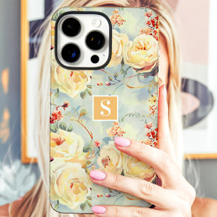 Funda iPhone 16 Pro Max Rosas Amarillas Elegantes Monograma Floral
