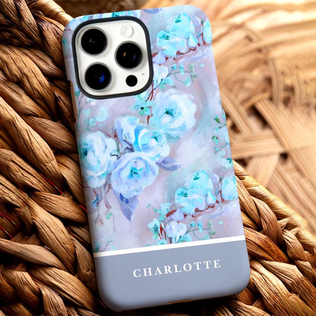 Funda iPhone 16 Pro Max Rosas Azules de Moda con Nombre Personalizado Flor (Subido por el creador)
