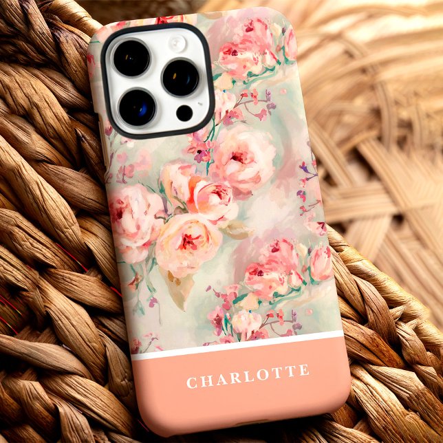 Funda iPhone 16 Pro Max Rosas Cute Peach Personalizado Nombre Floral (Subido por el creador)