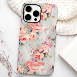 Funda iPhone 16 Pro Max Rosas Melocotón Nombre Personalizado Floral