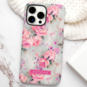 Funda iPhone 16 Pro Max Rosas Rosadas con Nombre Personalizado Floral