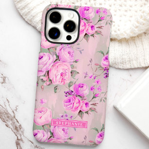 Funda iPhone 16 Pro Max Rosas Rosadas Nombre Personalizado Floral 