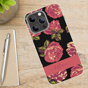 Funda iPhone 16 Pro Max Rosas Rosadas Vintage Patrón Floral Negro con Nomb