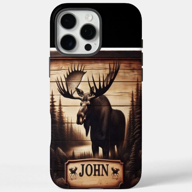 Funda iPhone 16 Pro Max Rótulo de John's Woodland Moose (Reverso)
