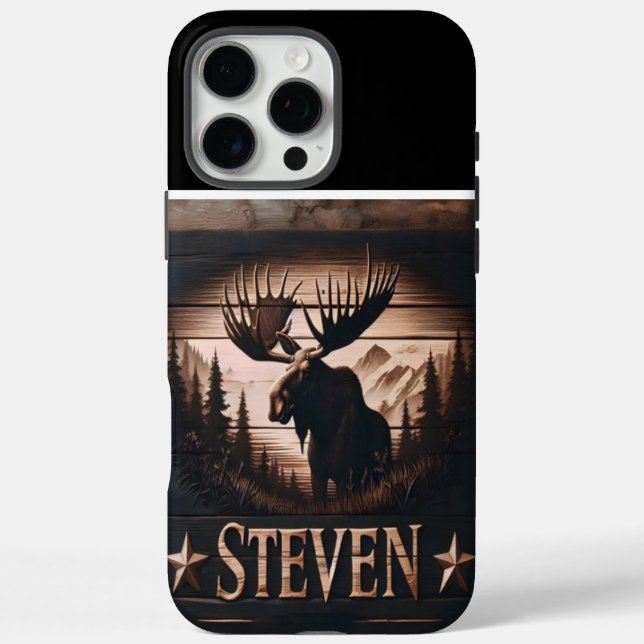 Funda iPhone 16 Pro Max Rótulo personalizado Moose con montañas (Reverso)