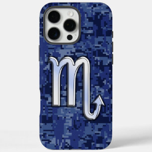 Funda iPhone 16 Pro Max Rótulo Zodiaco Escorpio Plateado en Camo Azul