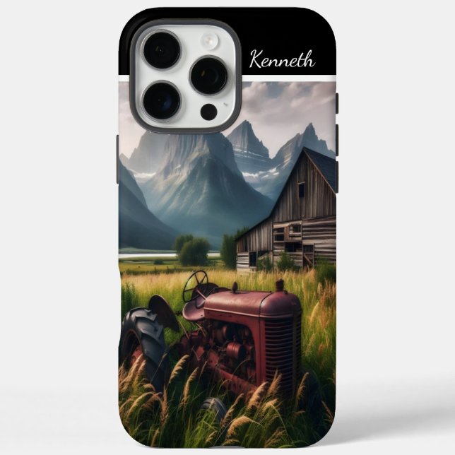 Funda iPhone 16 Pro Max Rusty Tractor en el Valle de las Montañas (Reverso)