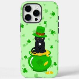 Funda iPhone 16 Pro Max St. Patrick's Day Shamrock Pot of Gold Black Cat