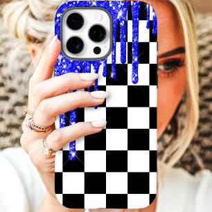 Funda iPhone 16 Pro Max Tablero de ajedrez con goteo de purpurina azul