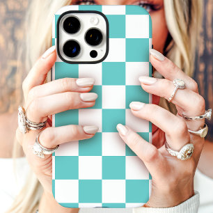Funda iPhone 16 Pro Max Tablero de ajedrez teal y blanco