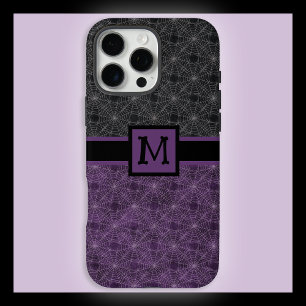 Funda iPhone 16 Pro Max Telaraña gótica negra y púrpura con monograma
