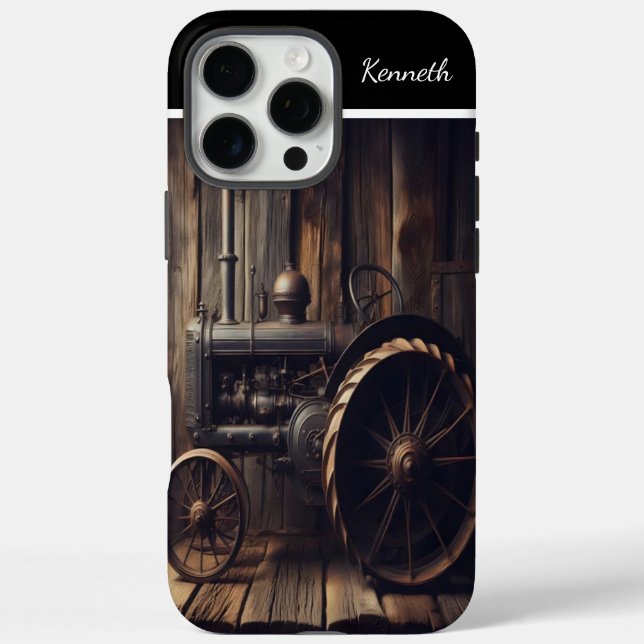 Funda iPhone 16 Pro Max Tractor de época en un granero rústico (Reverso)