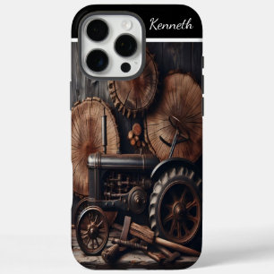 Funda iPhone 16 Pro Max Tractor de época y losas de madera