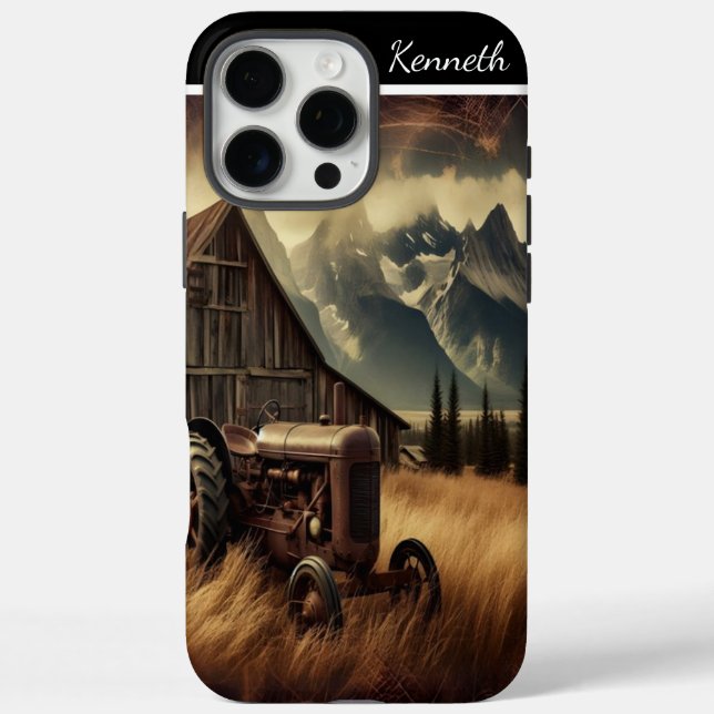 Funda iPhone 16 Pro Max Tractor en el campo de la montaña (Reverso)