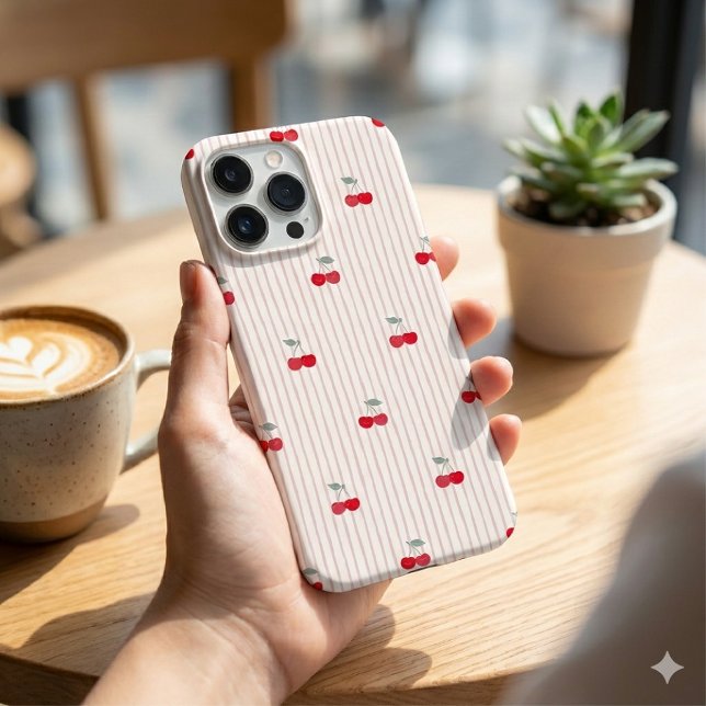 Funda iPhone 16 Pro Max Trendy Retro Coquette Red Cherries Pinstripe (Subido por el creador)