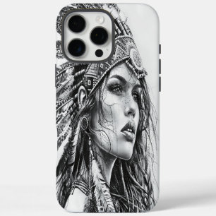 Funda iPhone 16 Pro Max Un feroz chica guerrero indio adornado con plumas
