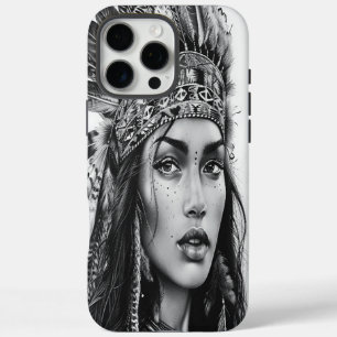 Funda iPhone 16 Pro Max Un feroz guerrero chica indio adornado con plumas