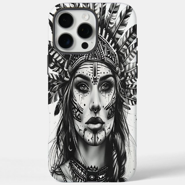 Funda iPhone 16 Pro Max Un feroz guerrero chica indio adornado con plumas (Reverso)