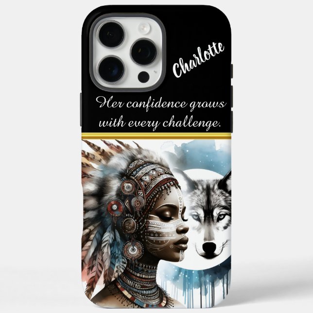 Funda iPhone 16 Pro Max Un retrato poderoso de un guerrero nativo y lobo (Reverso)