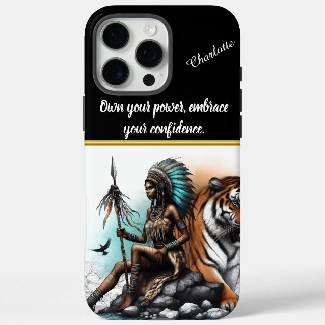 Funda iPhone 16 Pro Max Una mujer guerrera con un tigre majestuoso en armo (Reverso)